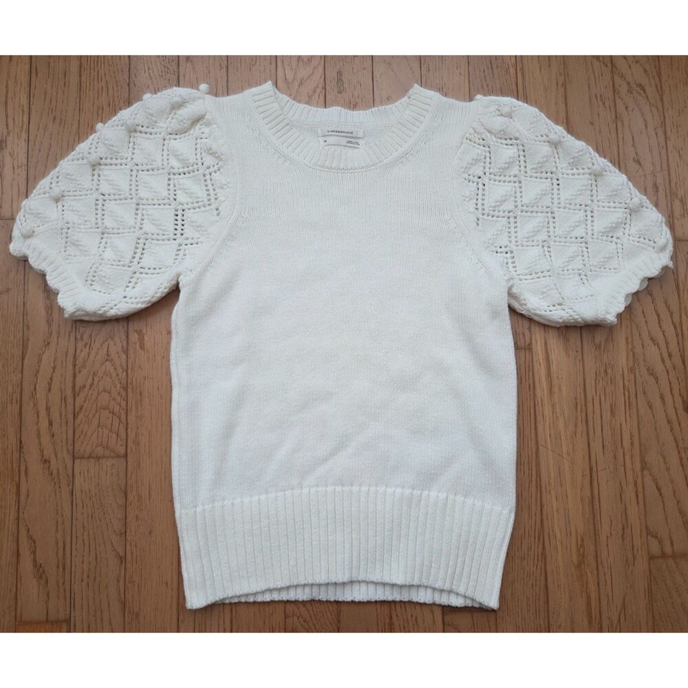 Anthropologie Womens Ivory Bobble Knit Puff Short Sleeve Sweater XS Cottagecore - Picture 1 of 8